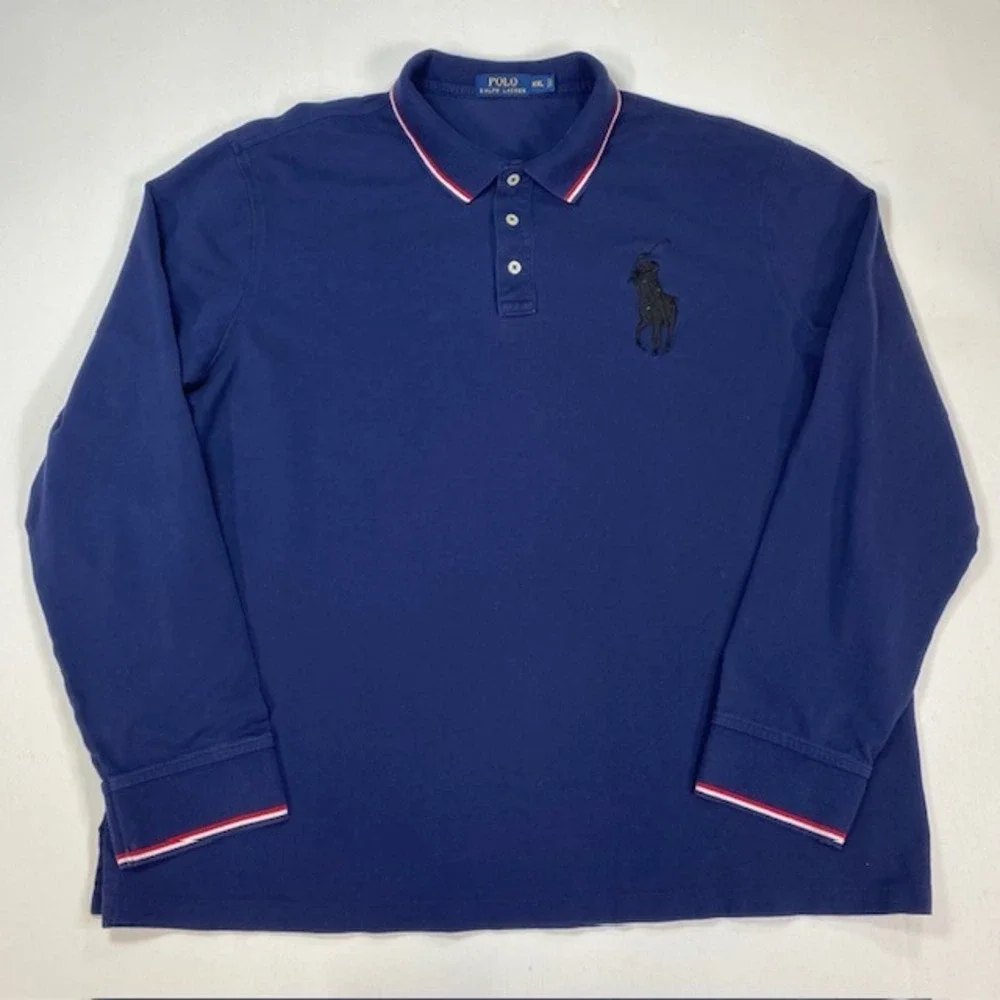 Polo Ralph Lauren Mens XXL Navy Blue Big Pony Long Sleeve Polo Tipped Trim - Picture 1 of 10